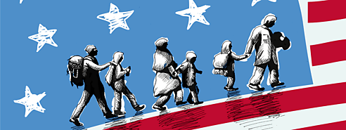 Illustration of immigrant families against the American flag