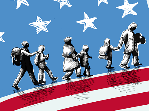 Illustration of immigrant families against the American flag