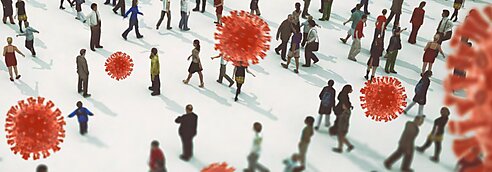 illustration of people walking with covid virus overhead