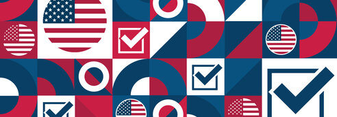 An election-themed mosaic pattern with checkmarks and American flags.