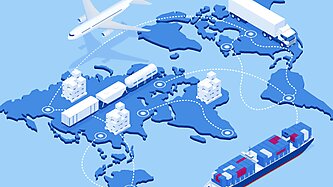 Illustration of international trade on a global map