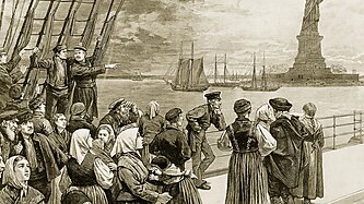 An 1887 illustration of immigrants arriving in New York City.