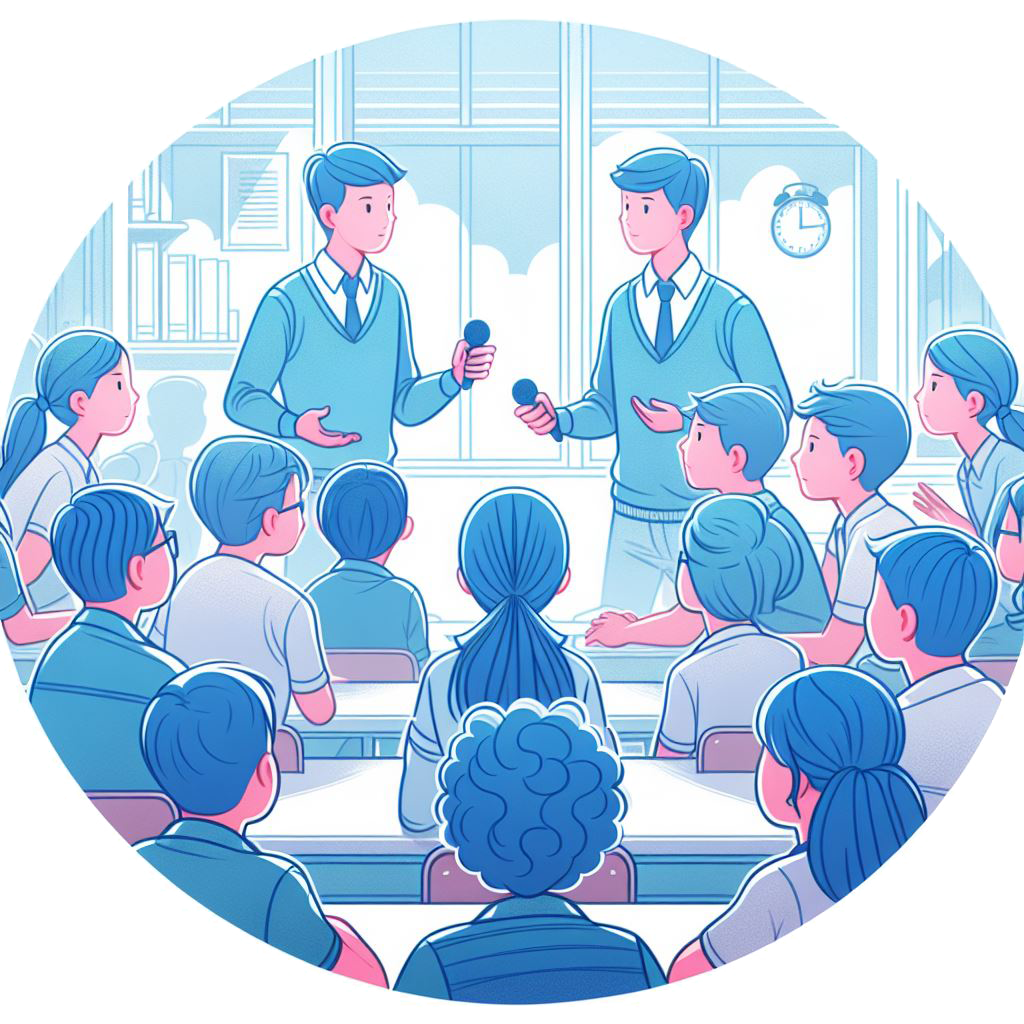 An illustration of two middle school children having a debate in the classroom, surrounded by other students eagerly listening, with a rounded, airy feeling incorporating colors of light blue and periwinkle and strong outlines. The image is surrounded by a white circular border. 
